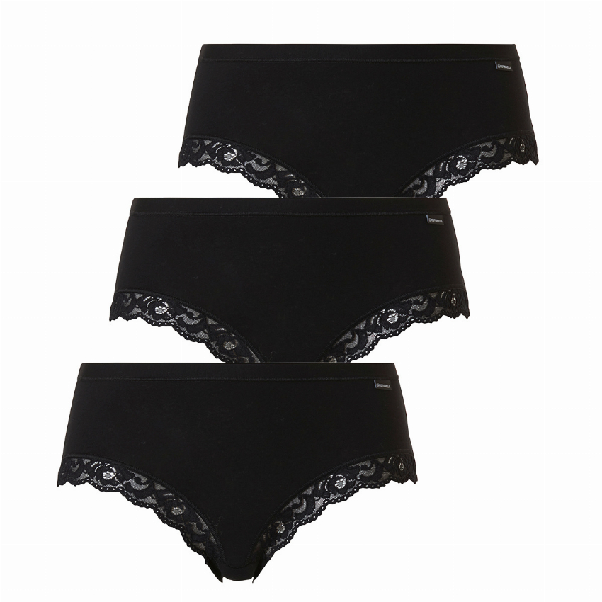 Cotonella Cotonella Dames Slip Met Kant Midi Zwart 3-Pack